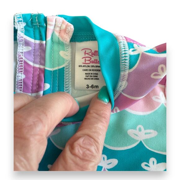 RuffleButts Mermaid Rash Guard Swimsuit 3-6 Months with Island Blue Hat UPF 50+ - Picture 3 of 3